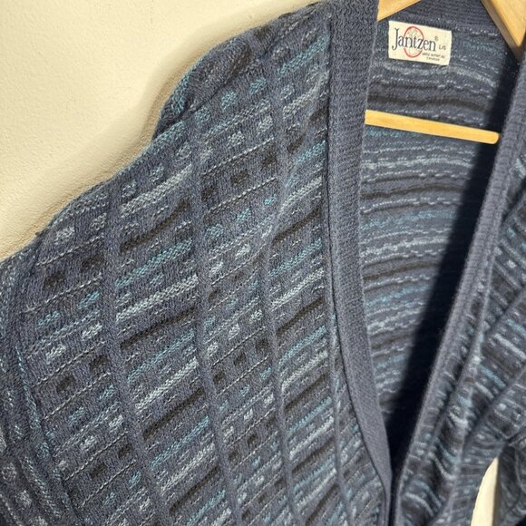 Vintage Jantzen Men L Sweater Knit Cardigan 80s Dad Cosby Grandad Blue Mohair V - Picture 5 of 7